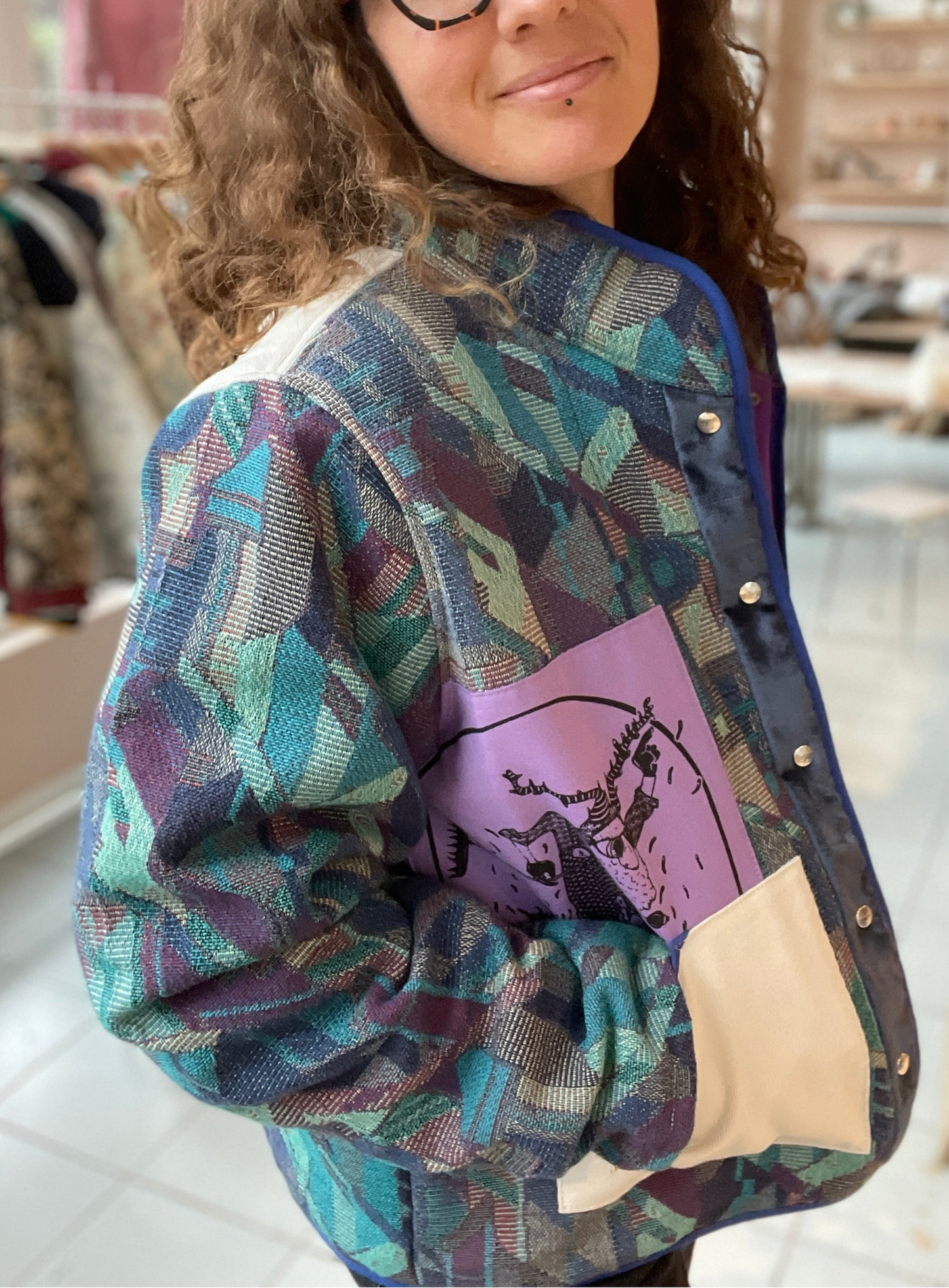Veste Mazette : rideau graphique bleu