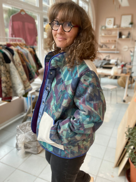 Veste Mazette : rideau graphique bleu